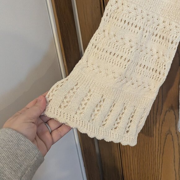 Madewell Open Knit Scalloped Trim 3/4 Sleeve Cotton Blend Sweater Cream Boho-M - Picture 5 of 6